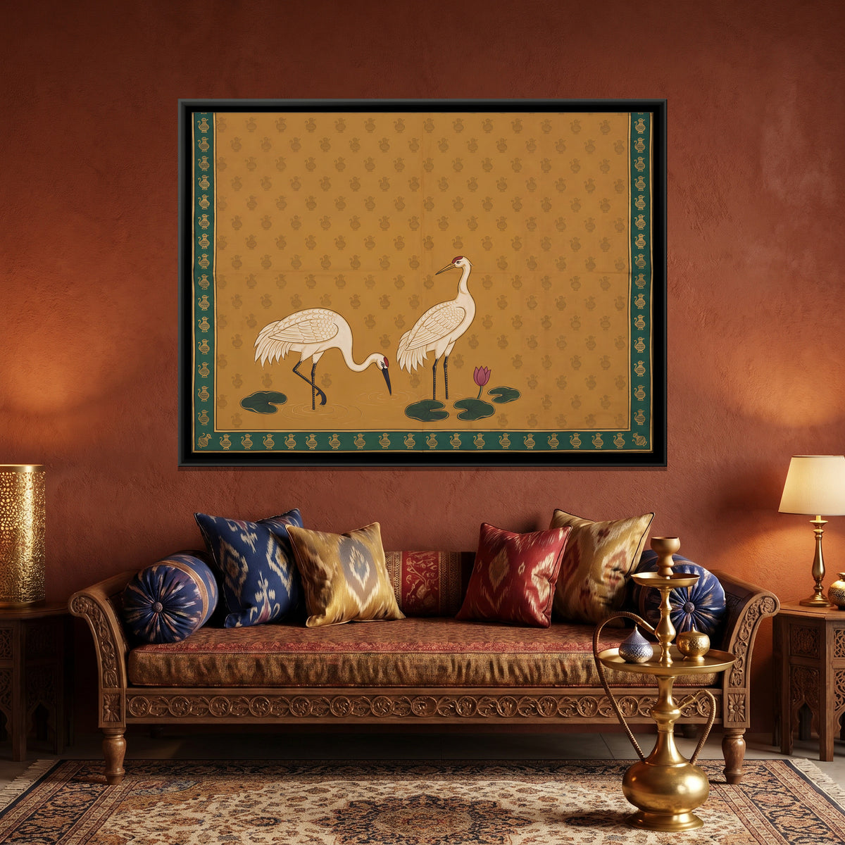 Pair of Cranes with Lotus - canvas art shown in a styled room