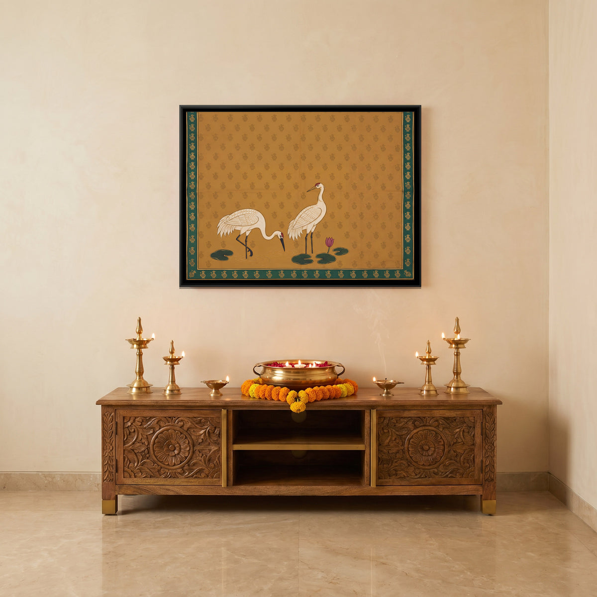Pair of Cranes with Lotus - canvas art shown in a second room setting