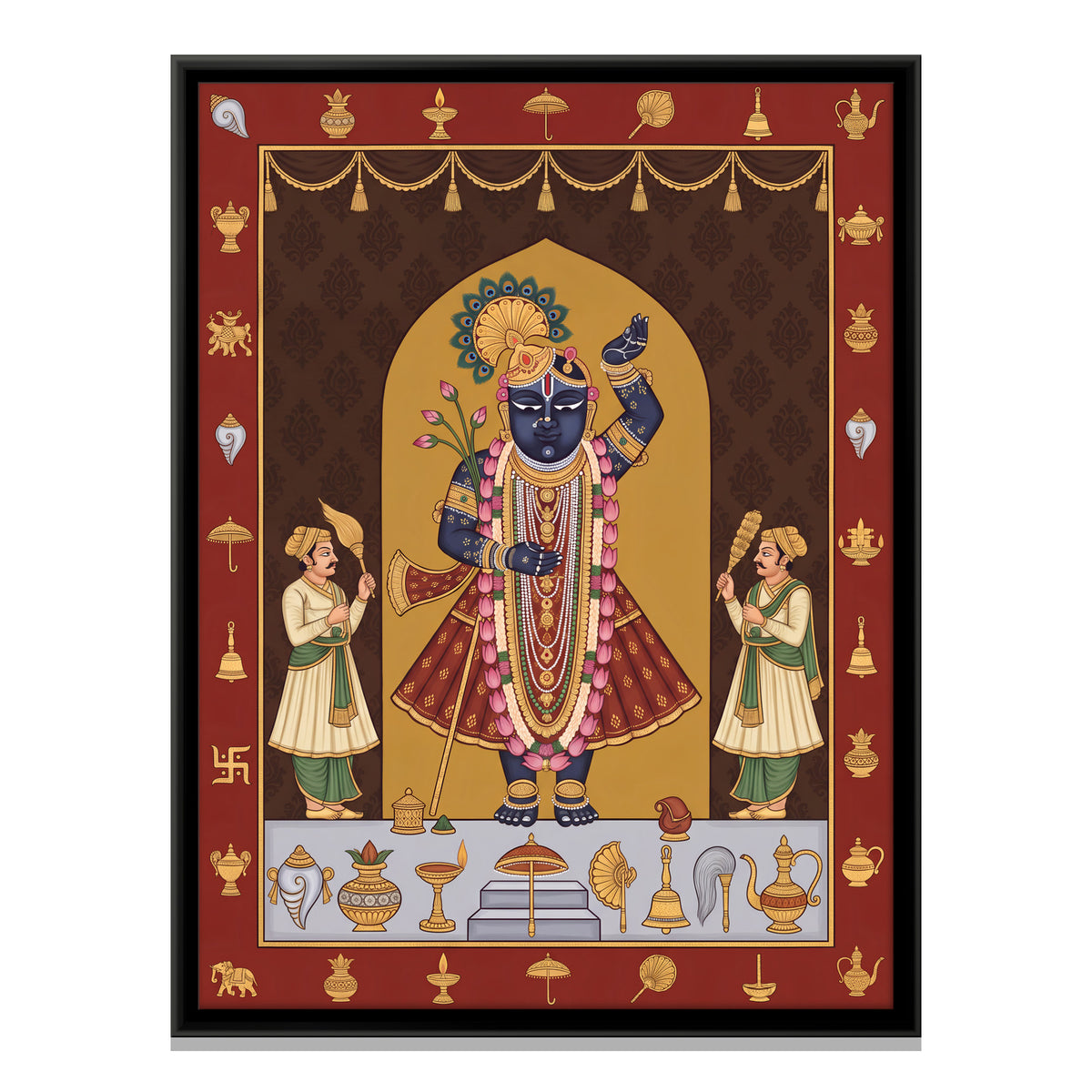 Shrinathji with Auspicious Symbols - framed canvas print, front view