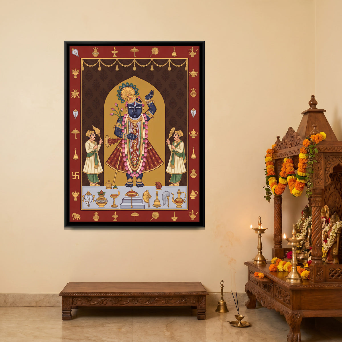 Shrinathji with Auspicious Symbols - canvas art shown in a styled room