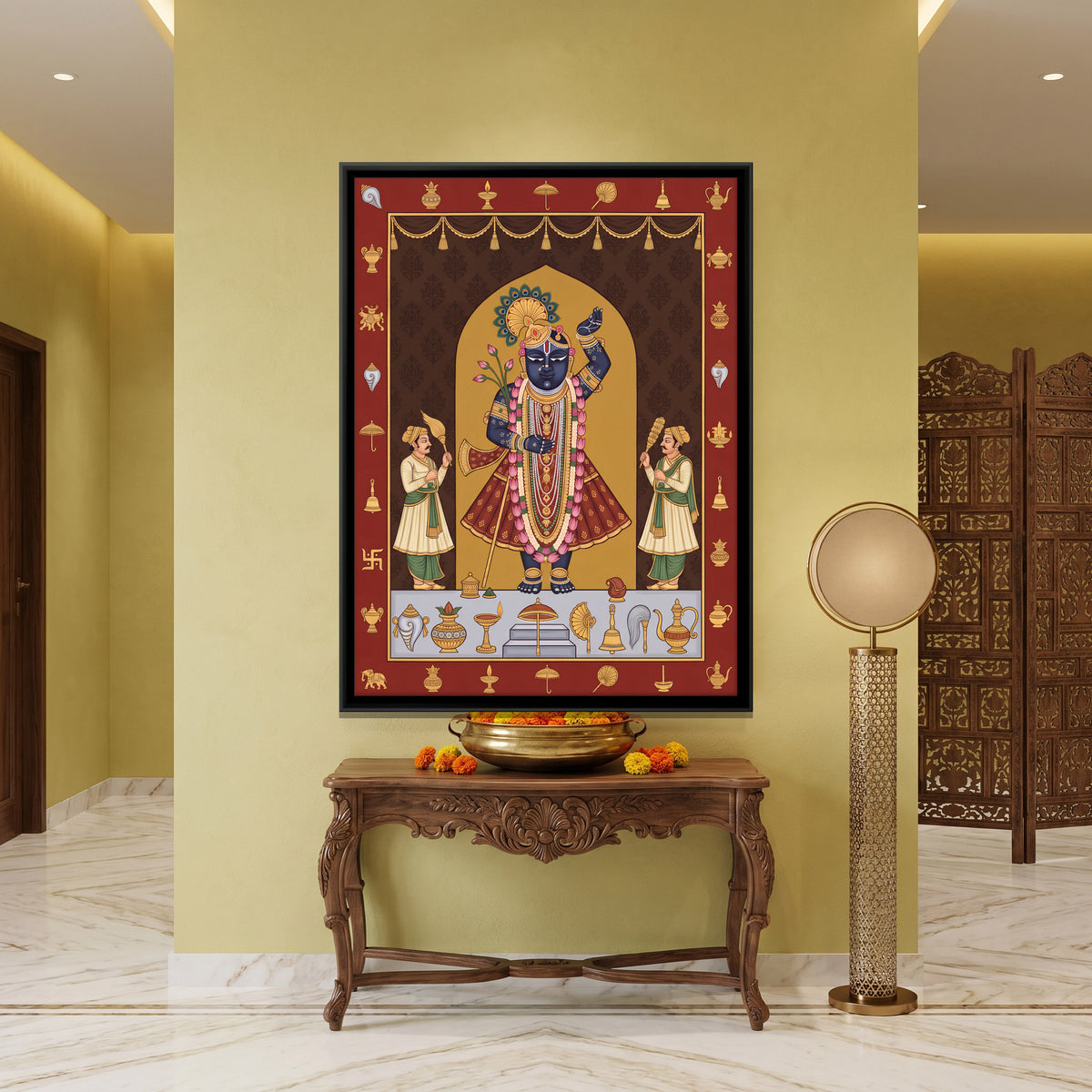 Shrinathji with Auspicious Symbols - canvas art shown in a second room setting