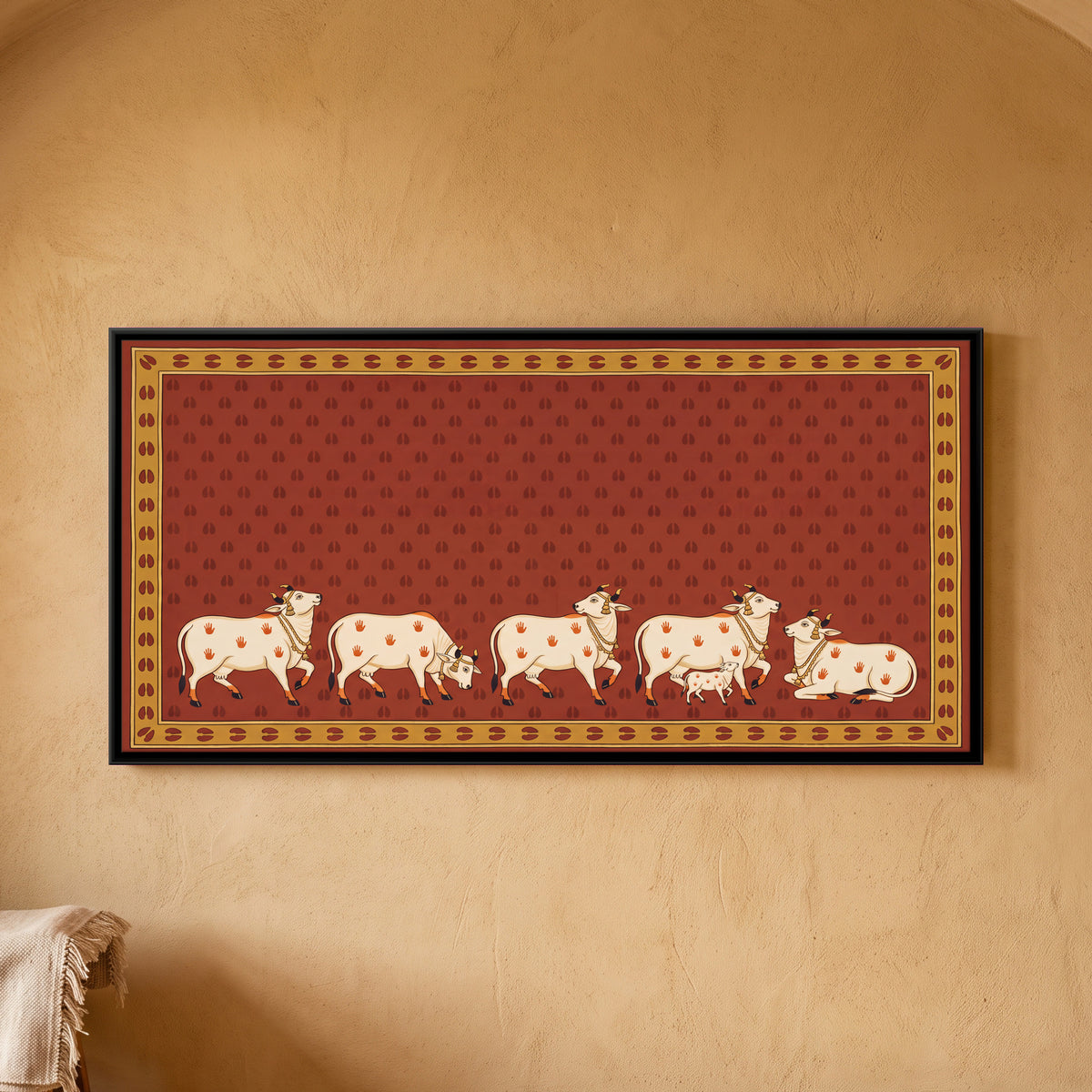 Five Cows with a Calf - framed canvas art hung on a wall