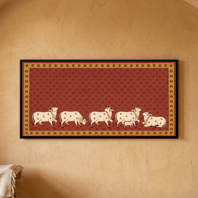Five Cows with a Calf - framed canvas art hung on a wall