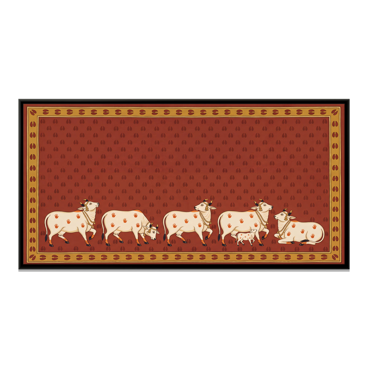 Five Cows with a Calf - framed canvas print, front view