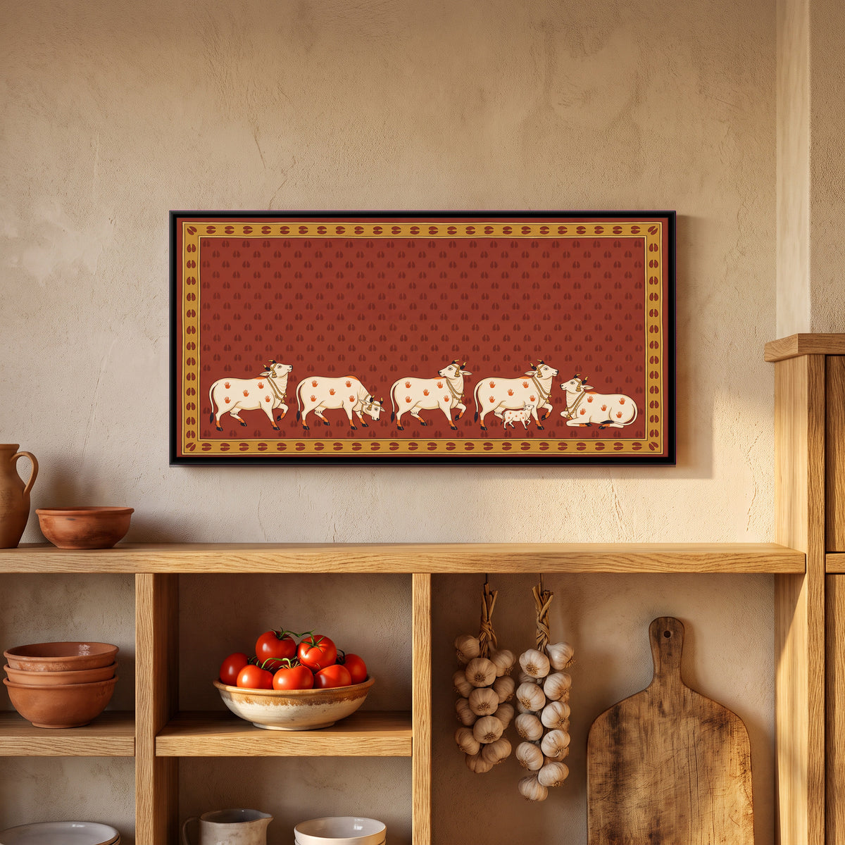 Five Cows with a Calf - canvas art shown in a second room setting