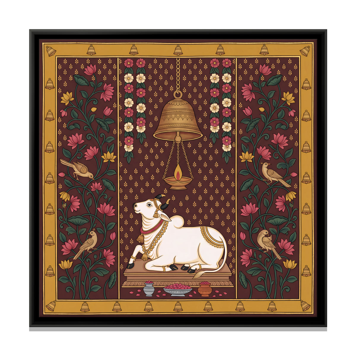 Nandi Beneath a Temple Bell - framed canvas print, front view