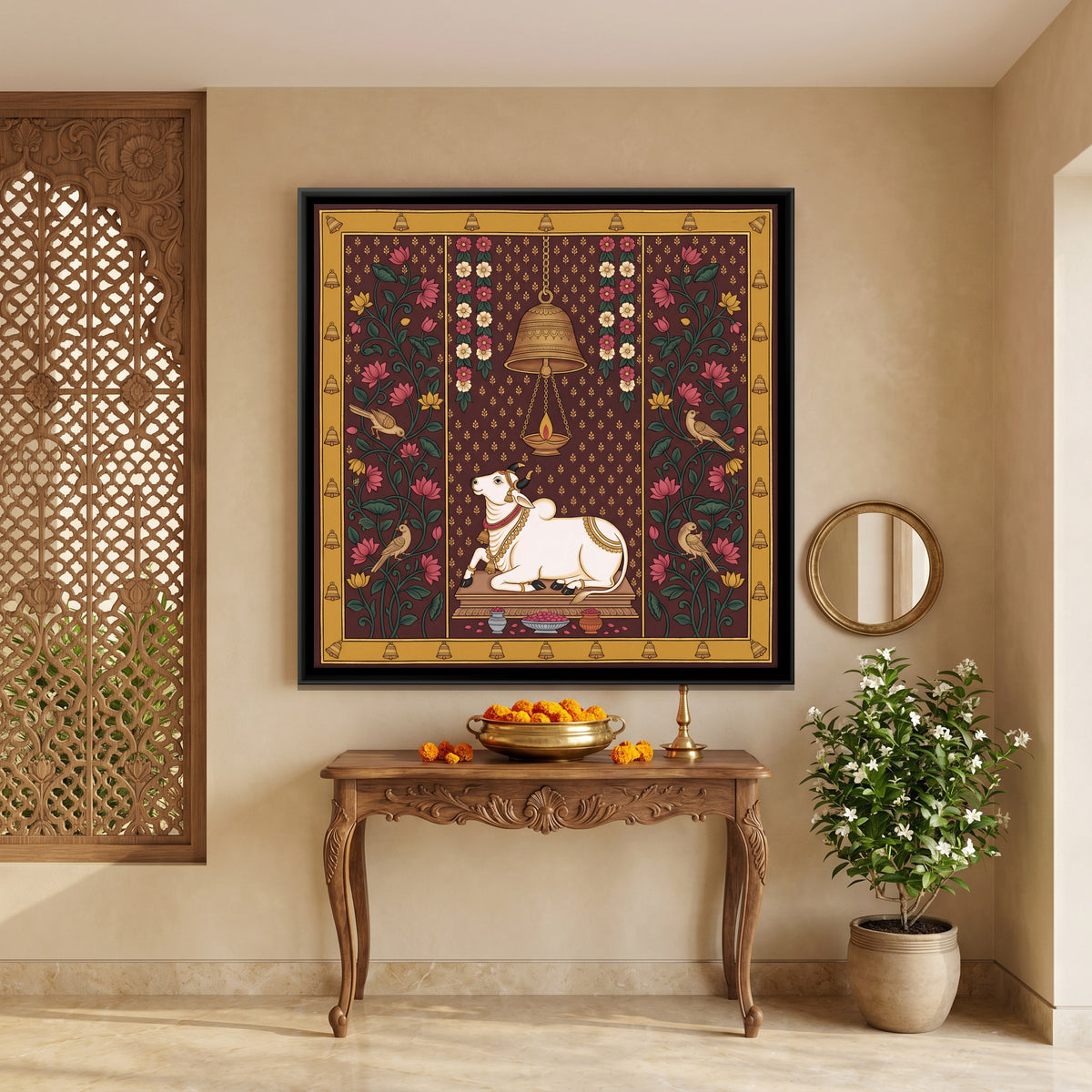 Nandi Beneath a Temple Bell - canvas art shown in a second room setting