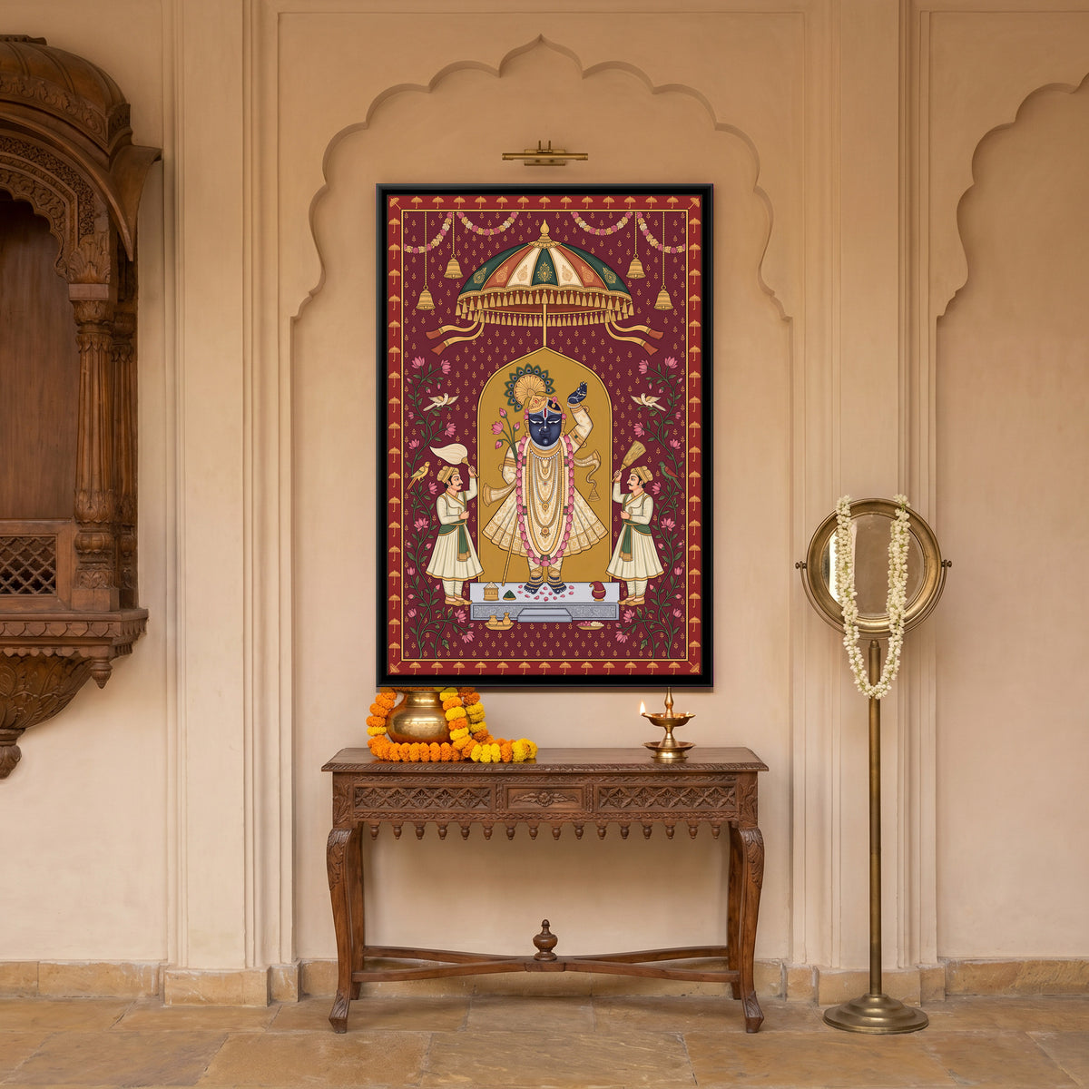 Shrinathji Beneath a Parasol - canvas art shown in a styled room