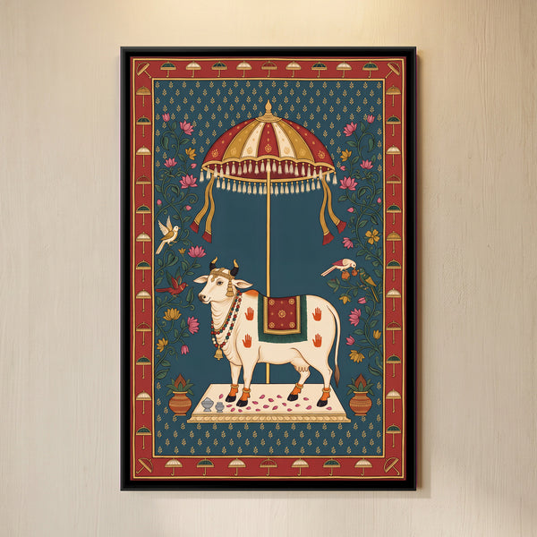 Caparisoned Cow Beneath a Decorative Parasol