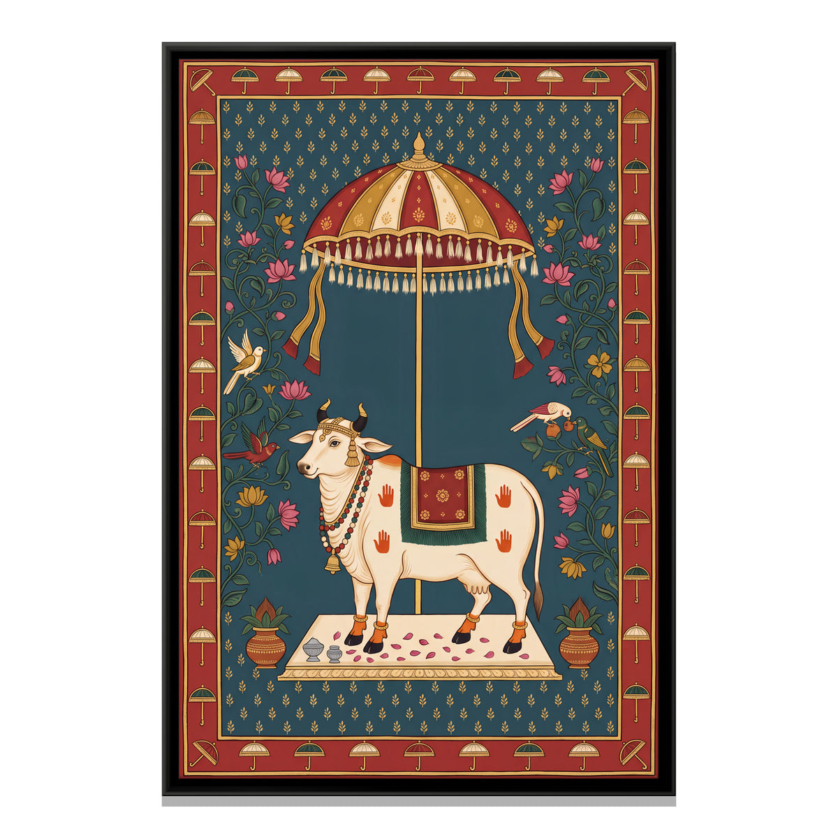 Cow Beneath a Parasol - framed canvas print, front view