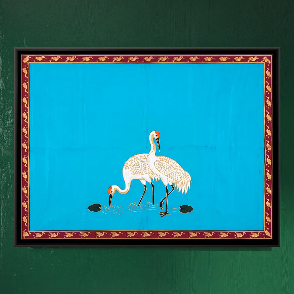 Pair of Cranes - framed canvas art hung on a wall