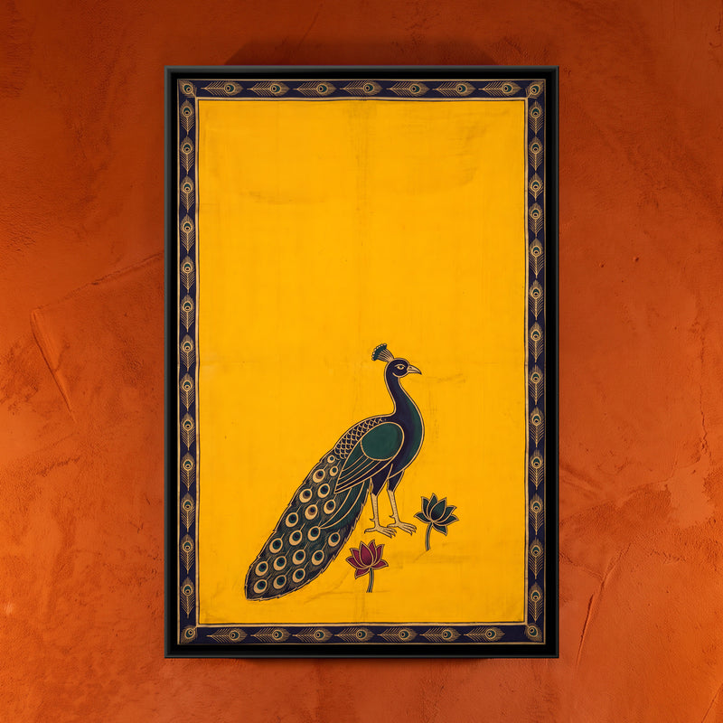 Peacock with Lotus - framed canvas art hung on a wall