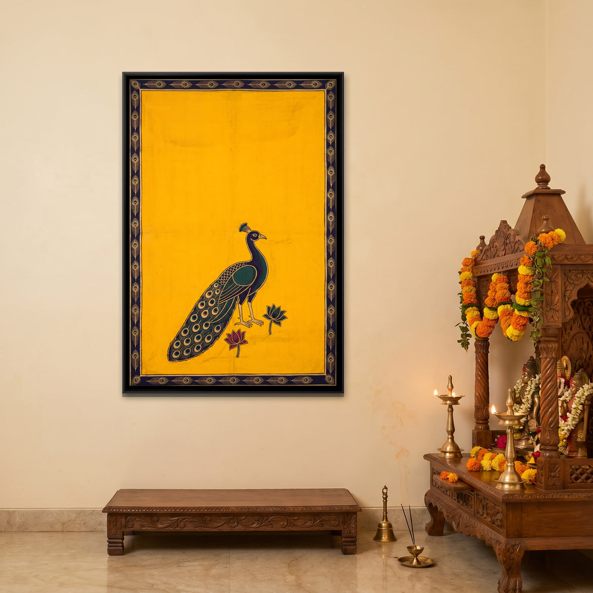 Peacock with Lotus - canvas art shown in a second room setting