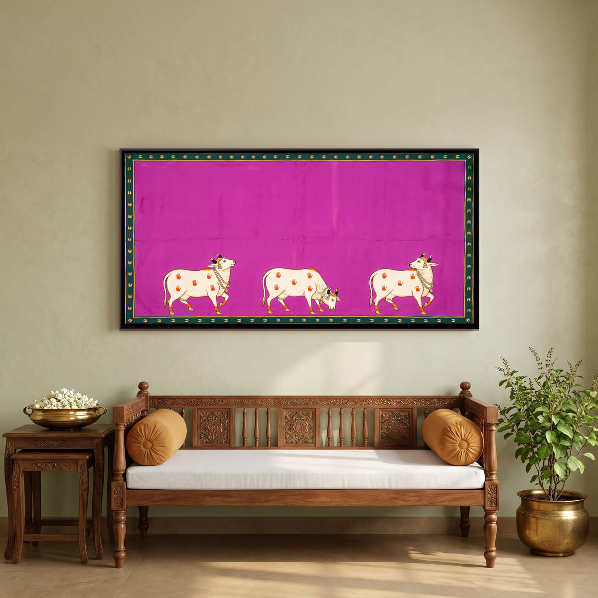 Three Cows - canvas art shown in a styled room
