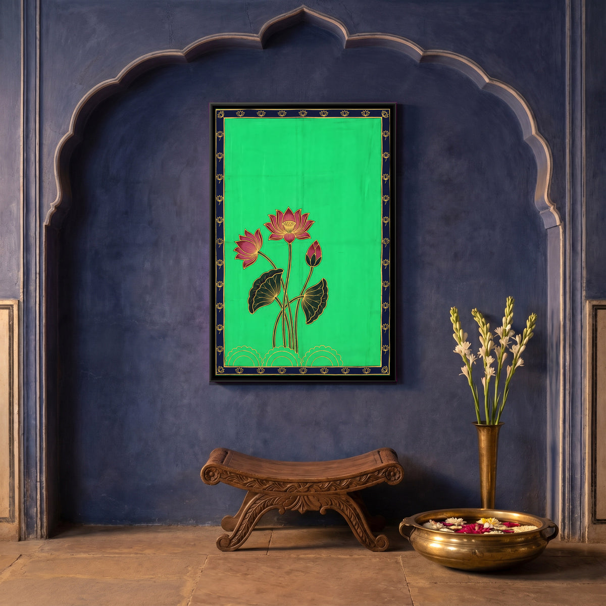 Lotus Blooms on Tall Stems - canvas art shown in a styled room