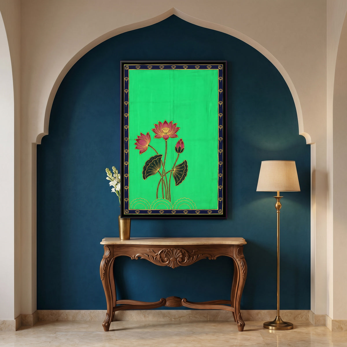 Lotus Blooms on Tall Stems - canvas art shown in a second room setting