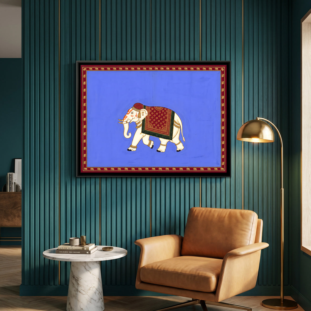 Ceremonial White Elephant - canvas art shown in a second room setting