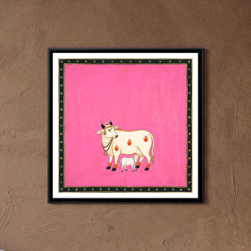 Gau Mata with Calf - framed canvas art hung on a wall