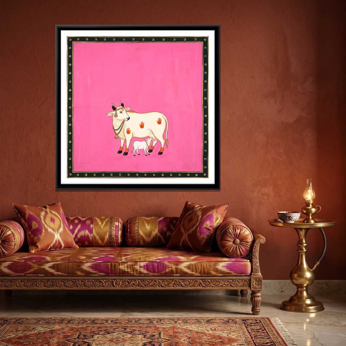 Gau Mata with Calf - canvas art shown in a second room setting