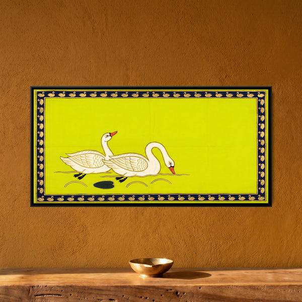 Pair of Swans on Water in Gold