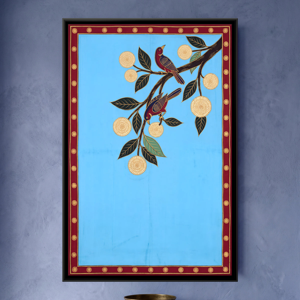 Two Birds on a Kadamba Branch - framed canvas art hung on a wall