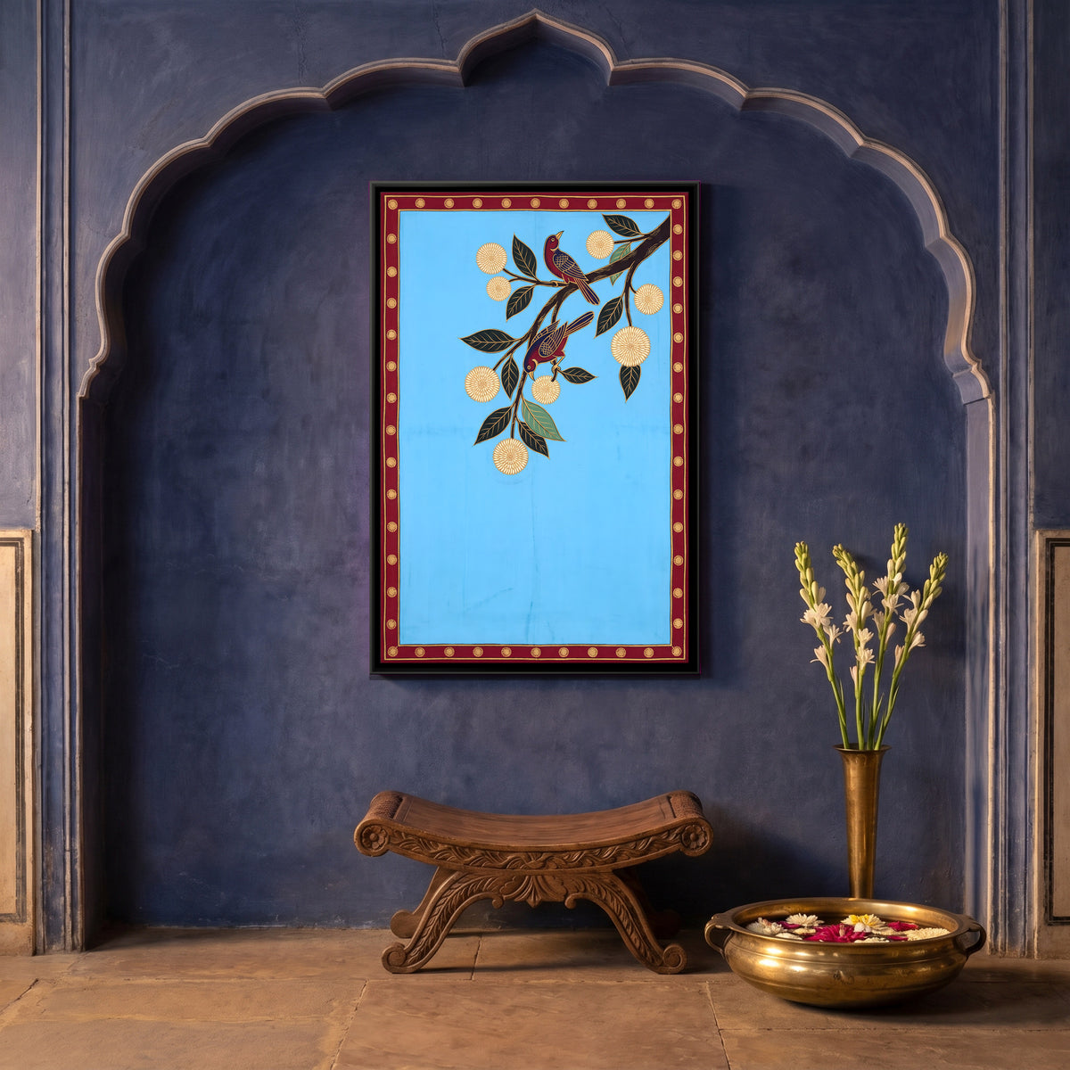 Two Birds on a Kadamba Branch - canvas art shown in a styled room