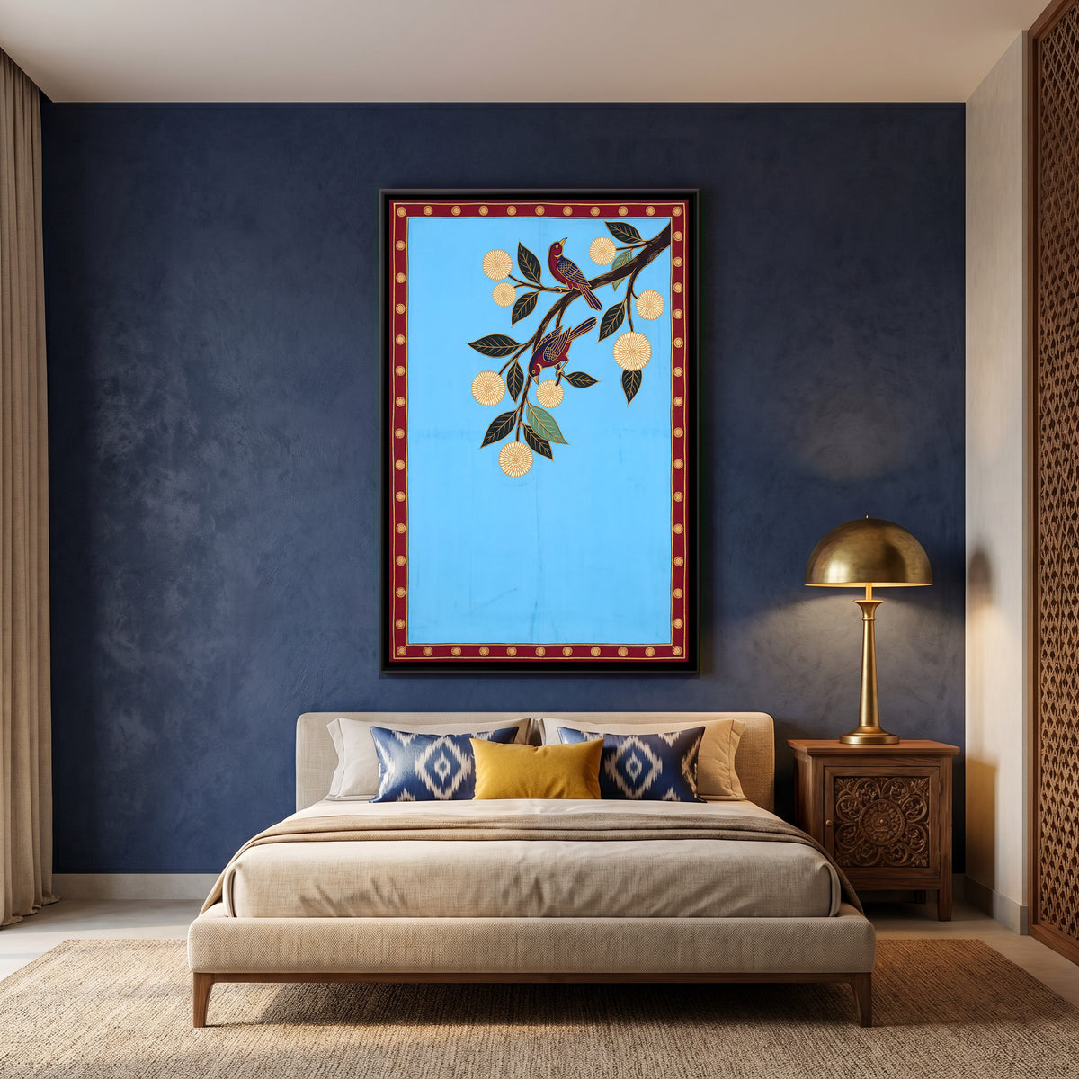 Two Birds on a Kadamba Branch - canvas art shown in a second room setting