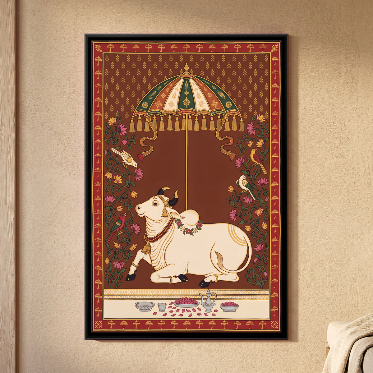 Cow Beneath a Parasol - framed canvas art hung on a wall