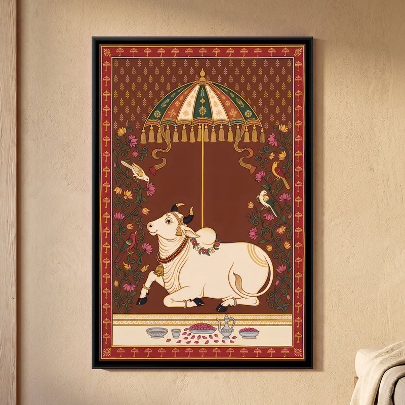 Cow Beneath a Parasol - framed canvas art hung on a wall