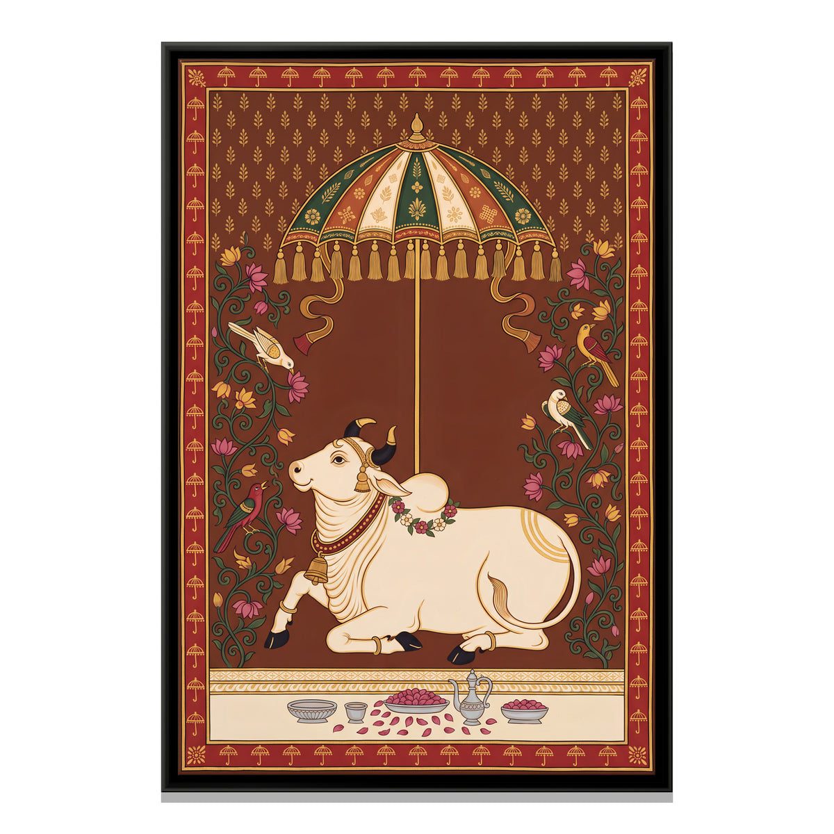 Cow Beneath a Parasol - framed canvas print, front view