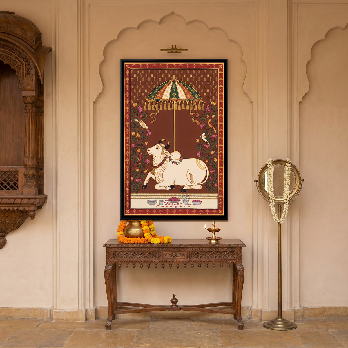 Cow Beneath a Parasol - canvas art shown in a styled room