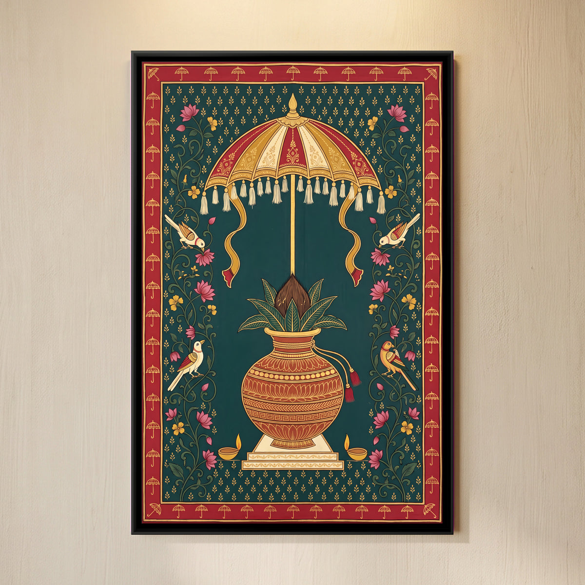 Kalash Beneath a Parasol - framed canvas art hung on a wall