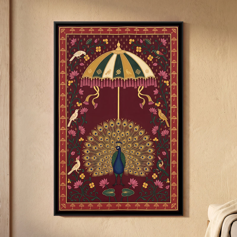 Peacock Beneath a Parasol - framed canvas art hung on a wall