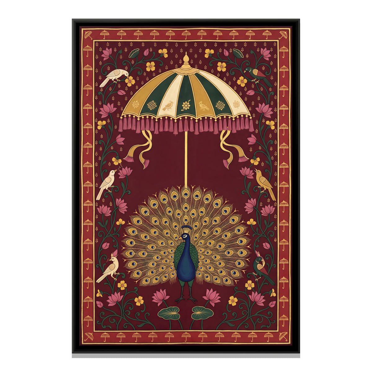 Peacock Beneath a Parasol - framed canvas print, front view