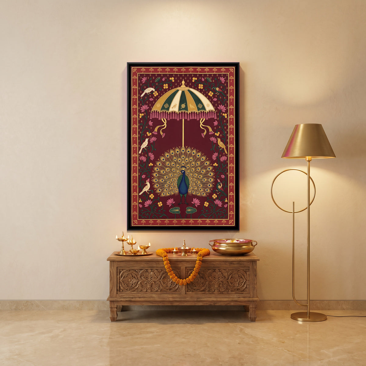 Peacock Beneath a Parasol - canvas art shown in a styled room
