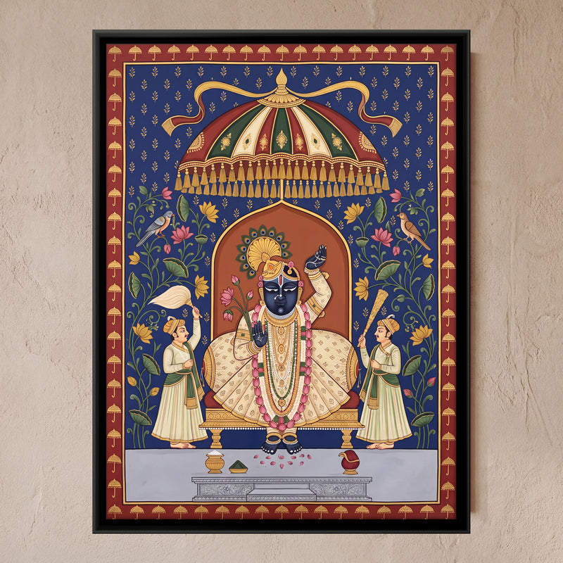 Shrinathji Beneath a Parasol - framed canvas art hung on a wall
