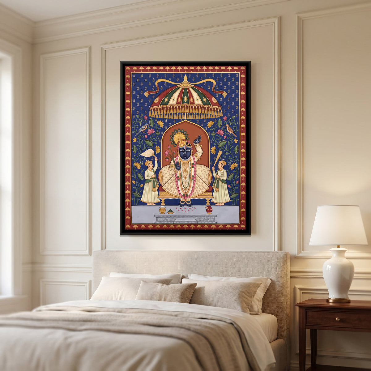 Shrinathji Beneath a Parasol - canvas art shown in a styled room