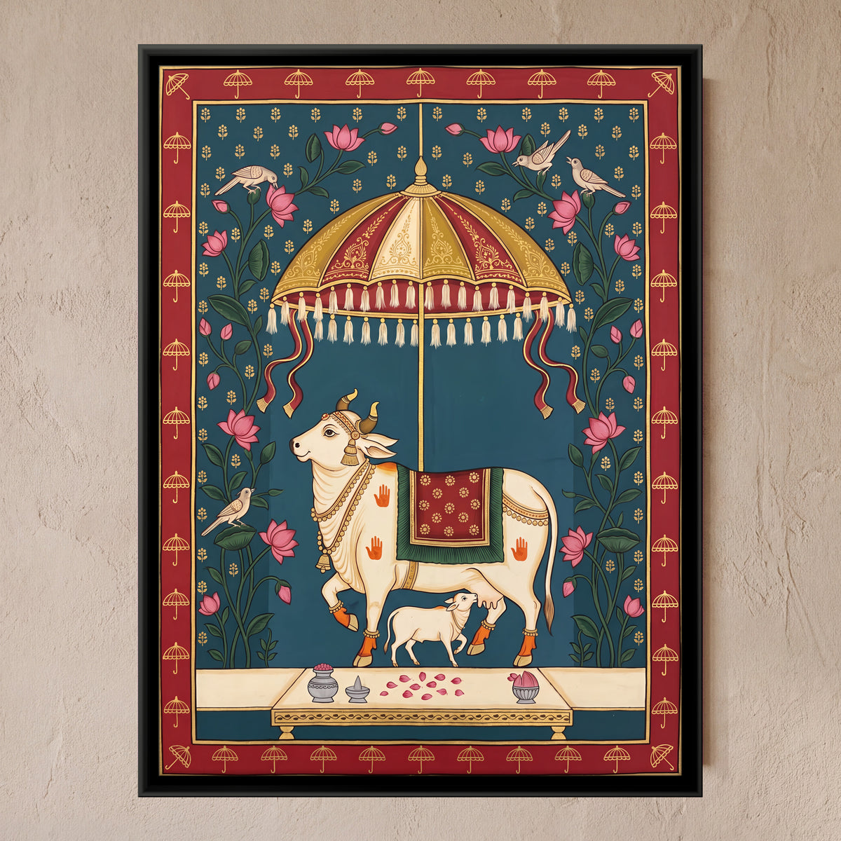 Cow and Calf Beneath a Parasol - framed canvas art hung on a wall