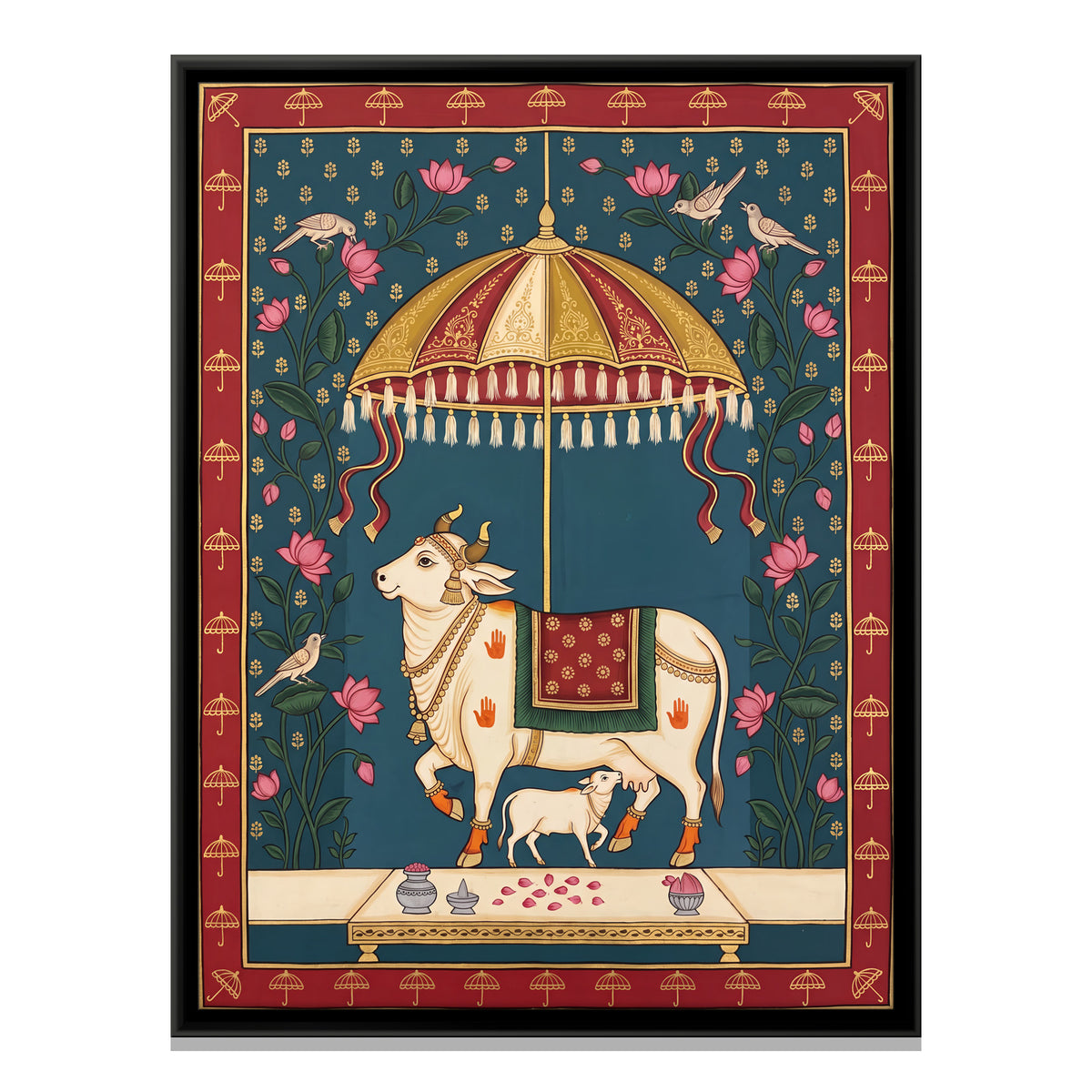 Cow and Calf Beneath a Parasol - framed canvas print, front view