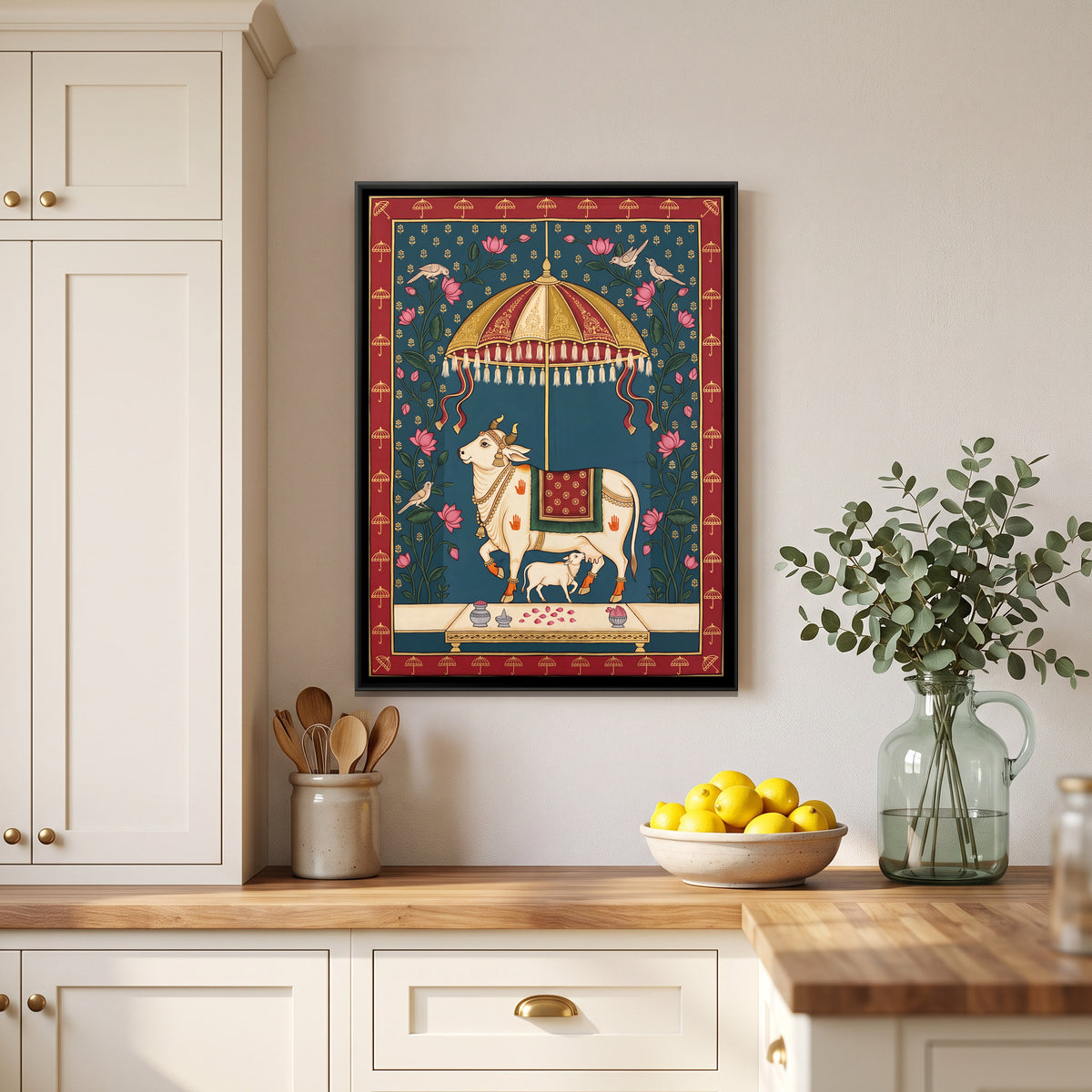 Cow and Calf Beneath a Parasol - canvas art shown in a second room setting