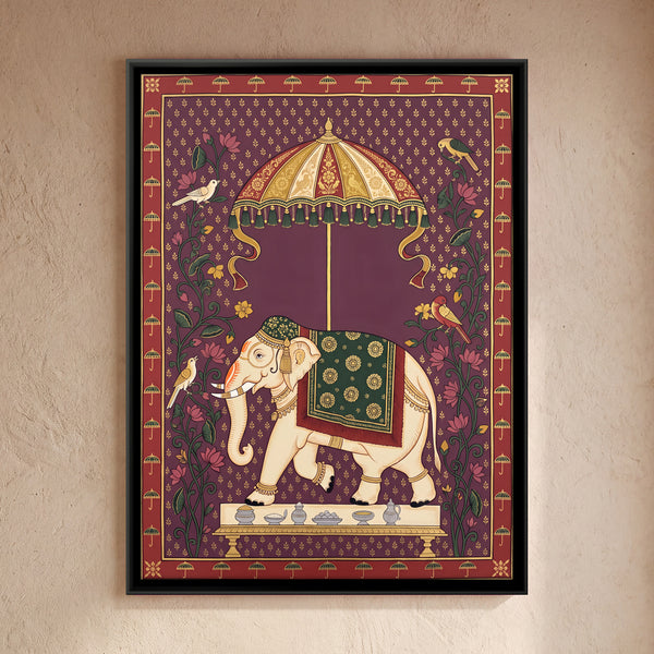 Caparisoned Elephant Beneath a Decorative Parasol