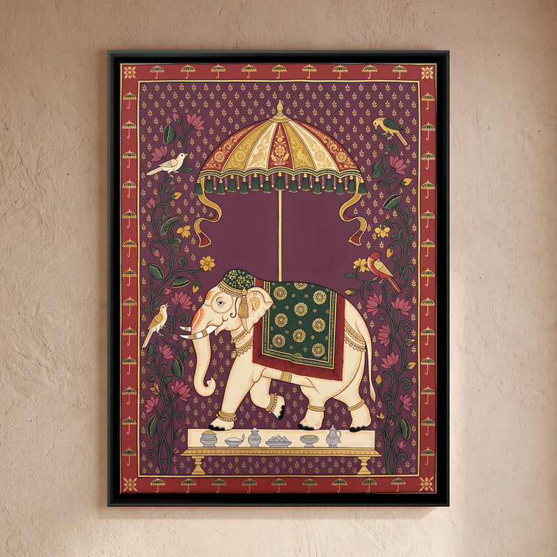 Elephant Beneath a Parasol - framed canvas art hung on a wall