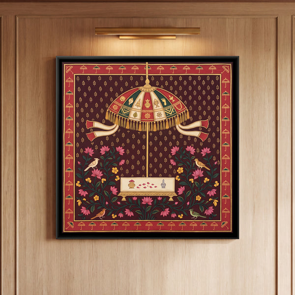 Decorative Parasol Above an Offering Table