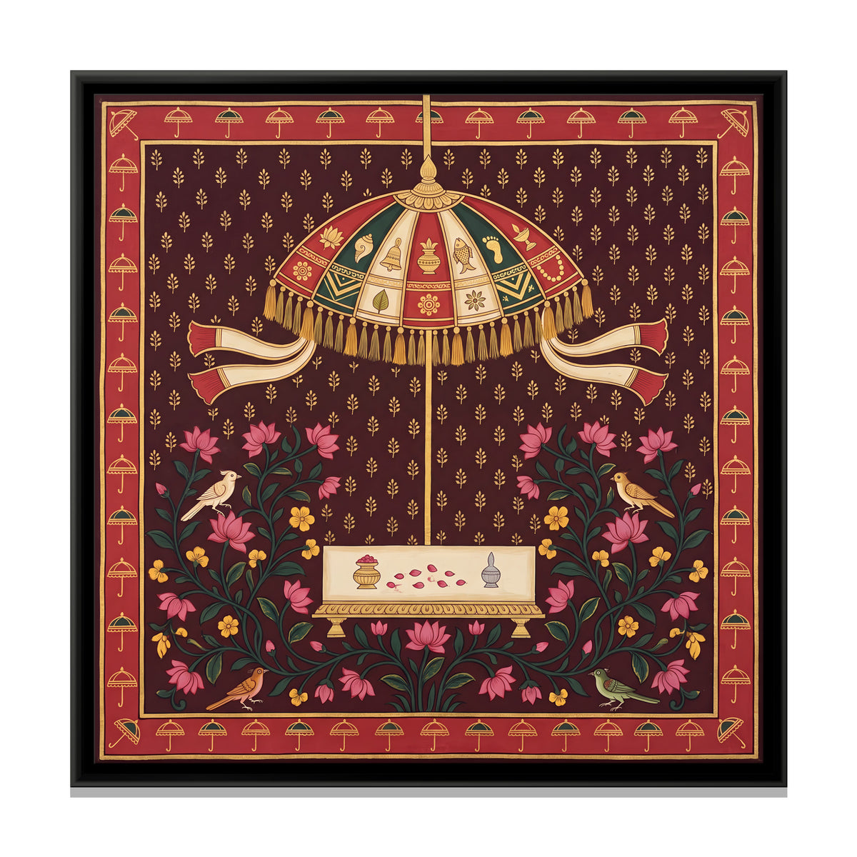 Parasol Above an Offering Table - framed canvas print, front view