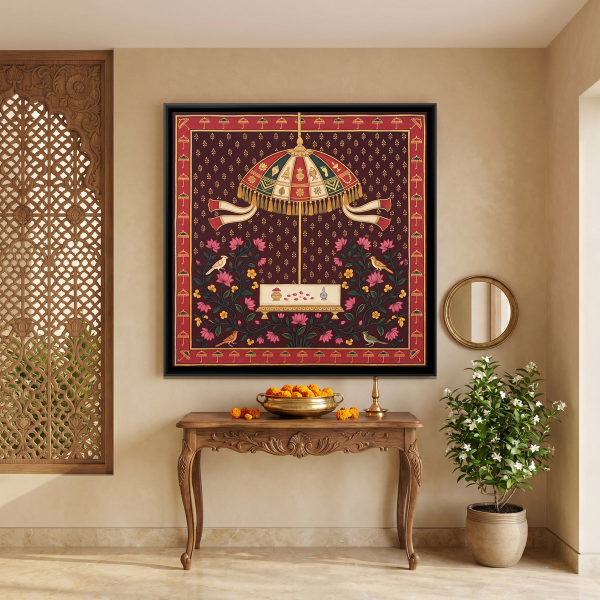 Parasol Above an Offering Table - canvas art shown in a second room setting