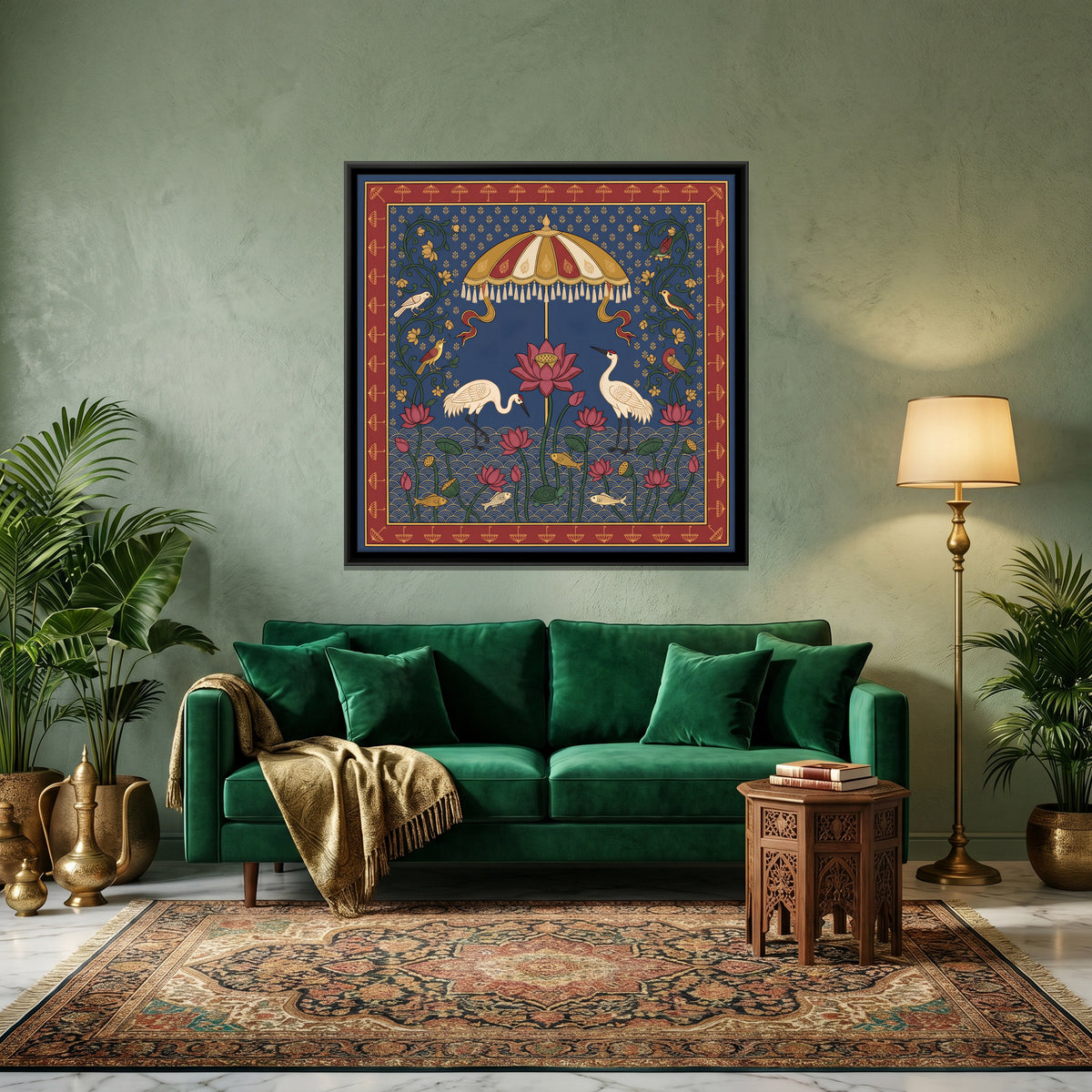 Cranes Beneath a Parasol - canvas art shown in a styled room