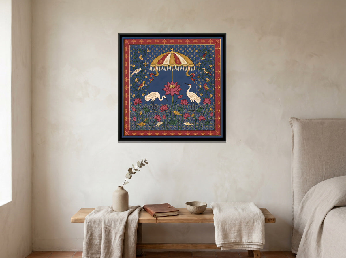 Cranes Beneath a Parasol - canvas art shown in a second room setting