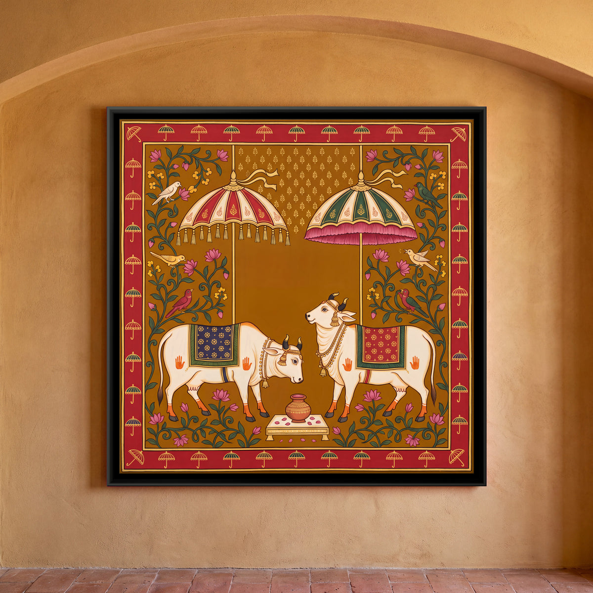 Two Cows Beneath Parasols - framed canvas art hung on a wall