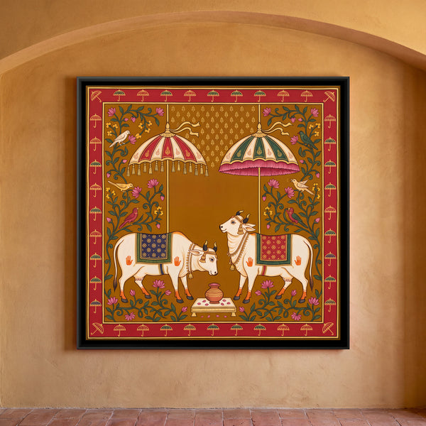 Two Cows Facing a Kalash Beneath Twin Parasols