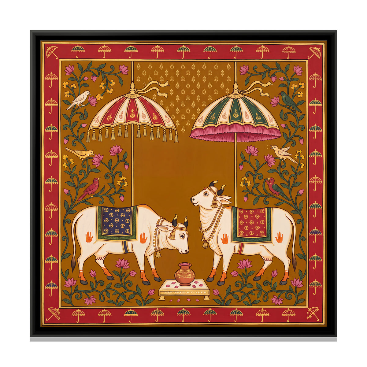 Two Cows Beneath Parasols - framed canvas print, front view